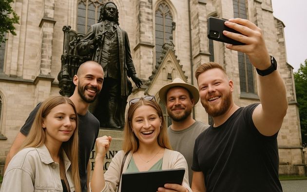 Selfie eines Teams vor der Thomaskirche in Leipzig